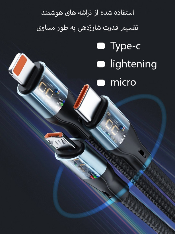 شارژر فندکی ماشین مدل ML-114 + کابل سه کاره با نمایشگر ( فست شارژ 100 واتی )